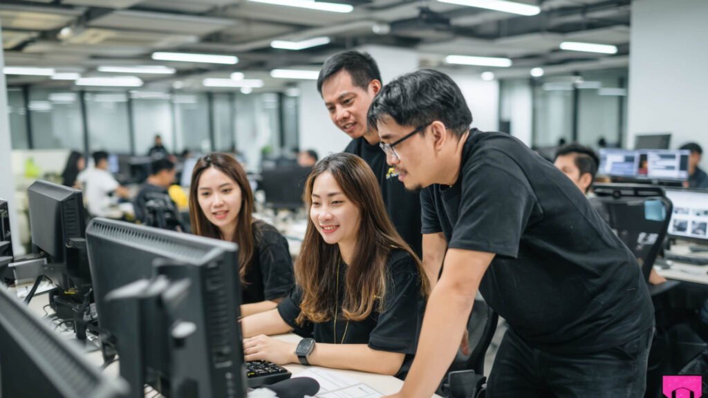 Team of Filipino web developers collaborating in a modern office, working together on website design and development projects.