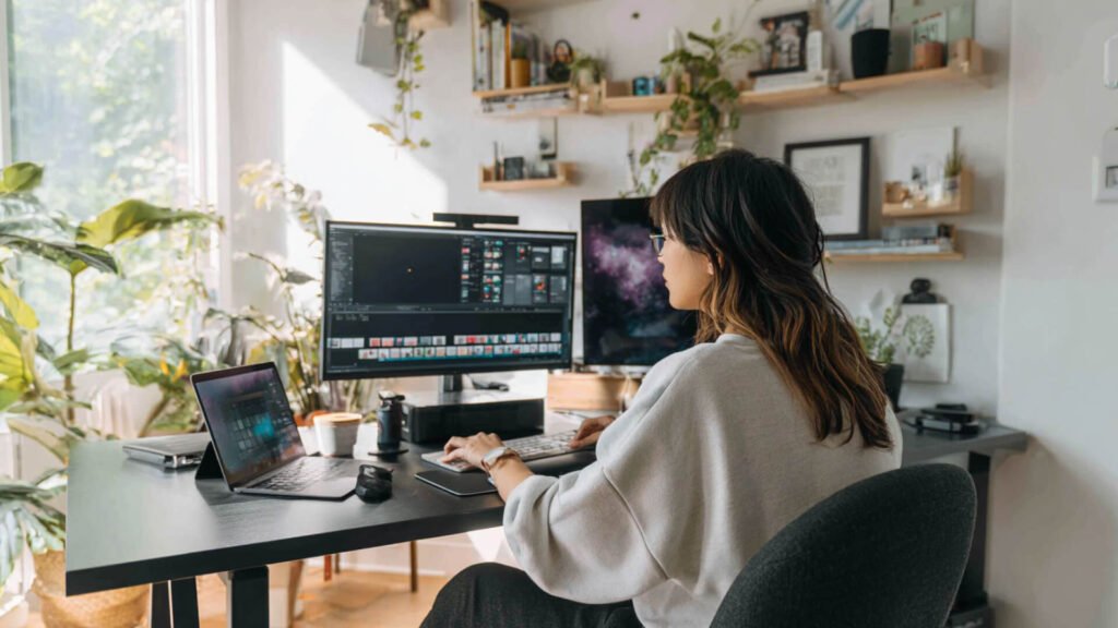 Woman working on online graphic design jobs from a home office setup with dual monitors, laptop, and creative tools surrounded by plants.