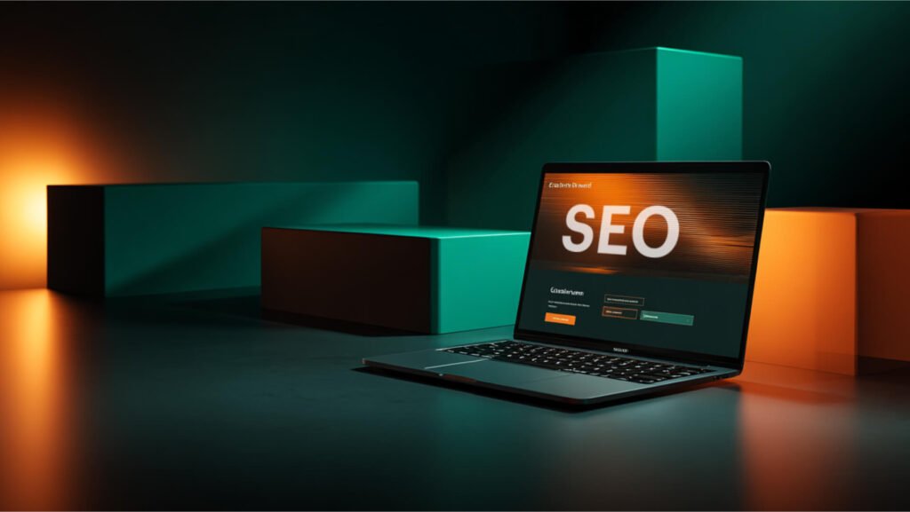 A sleek black laptop displayed on a dark surface, illuminated by striking orange and turquoise lighting. Text displays SEO prominently.