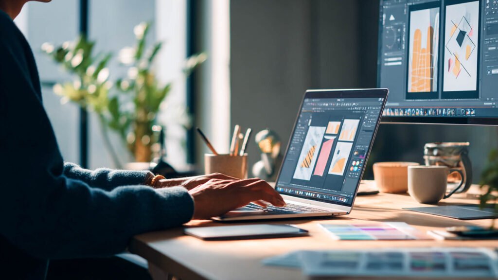 On a wooden desk, a hand is typing rapidly on a sleek laptop, while a larger monitor shows abstract graphic designs in progress.